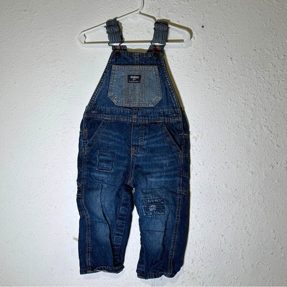 Oshkosh B’gosh Denim Patchwork Flannel Lined Overalls Size 18 Months Baby
